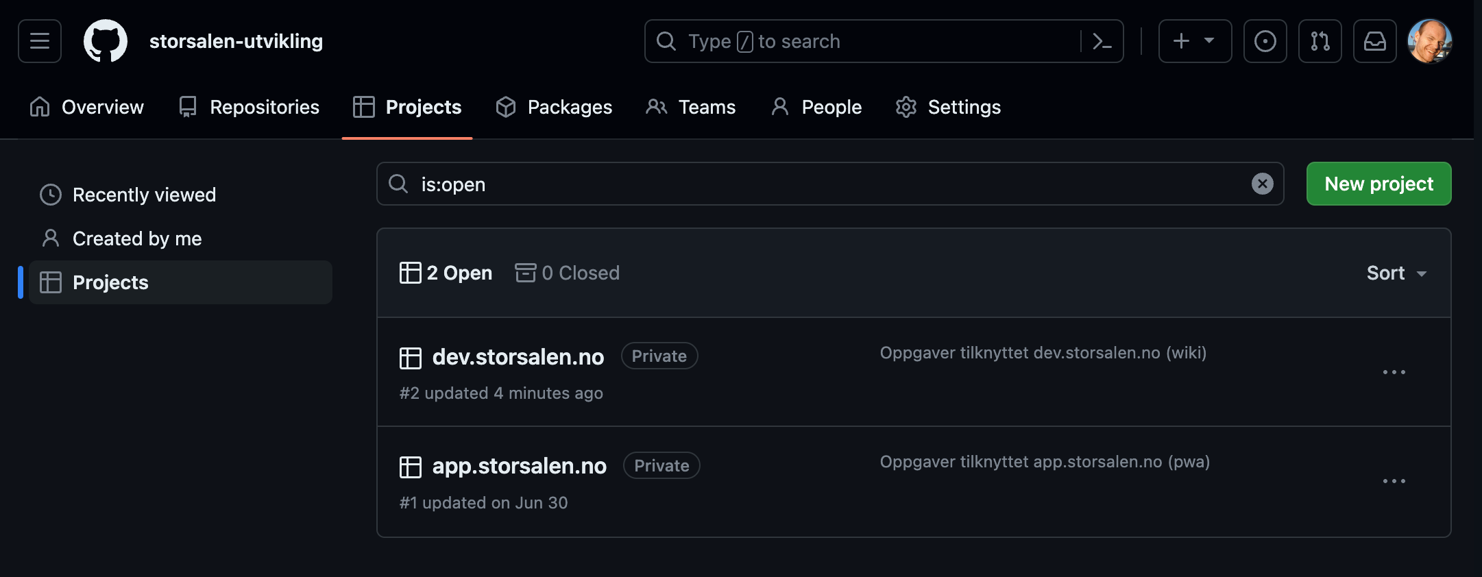 Oversikt over GitHub-prosjekter